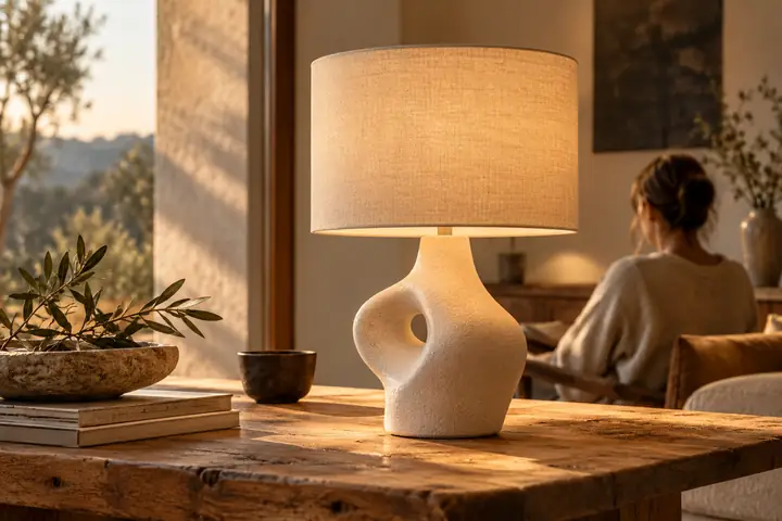 Eine skulpturale Tischlampe aus Keramik mit einem Leinenschirm auf einem warmtonigen Studiotisch, sanft beleuchtet.
