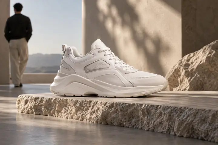 Ein moderner weißer Sneaker mit mehreren Lagen auf einer klaren Oberfläche im Produktstudio.